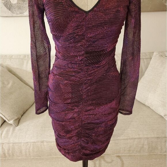 NEW -GUESS Metallic Long Sleeve Bodycon Mini Dress - Picture 5 of 12